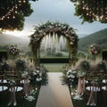 Wedding altar decorated with white roses, peonies, and ivy leaves, tumbling down in a flowery waterfall placed in the garden