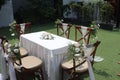 wedding altar and brown chairs shot at high angle prepared on the beautiful park or garden Royalty Free Stock Photo