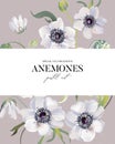 Wedding anemones floral pastel realisitic pattern, soft tender leaf herbs background. Vintage spring greeting perfect for