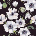 Wedding anemones floral pastel realisitic pattern, soft tender leaf herbs background. Vintage spring greeting perfect for