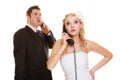 Wedding. Angry bride and groom talking on phone Royalty Free Stock Photo