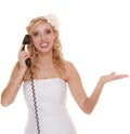 Wedding angry woman bride talking on phone. Royalty Free Stock Photo