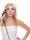 Wedding angry woman bride talking on phone. Royalty Free Stock Photo