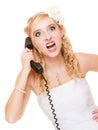 Wedding. Angry woman fury bride talking on phone Royalty Free Stock Photo