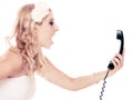 Wedding. Angry woman fury bride talking on phone Royalty Free Stock Photo