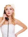 Wedding. Angry woman fury bride talking on phone Royalty Free Stock Photo