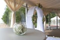 Wedding arch decorated with flowers. White carpet in the restaurant Royalty Free Stock Photo