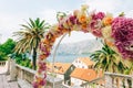 Wedding Arch of hydrangeas and roses. Wedding ceremony in the Ba Royalty Free Stock Photo