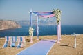 Wedding arch pink color on the background of the sea. Royalty Free Stock Photo