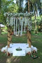 Wedding Arch poruwa. Decorated wooden platform used for traditional Sinhalese wedding ceremonies. Royalty Free Stock Photo