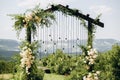 Wedding arch on rustuc style with white flowers in park with light bulbs.