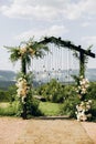 Wedding arch on rustuc style with white flowers in park with light bulbs.