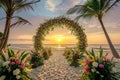 Wedding Arch Set Up on the Beach, A sunset filled beach with a decorated palms pathway leading to a floral arch, AI Generated Royalty Free Stock Photo