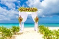 Wedding arch and set up on beach, tropical outdoor wedding Royalty Free Stock Photo