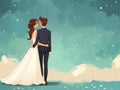 Romantic illustration of a bride and groom embracing on their wedding day Royalty Free Stock Photo