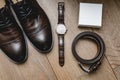 Wedding attributes of the groom. shoes, watch, belt, box for decoration Royalty Free Stock Photo