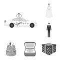 Wedding and Attributes monochrome icons in set collection for design.Newlyweds and Accessories vector symbol stock web