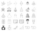 Wedding and Attributes monochrome,outline icons in set collection for design.Newlyweds and Accessories vector symbol