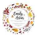 Wedding Autumn fall invite invitation floral watercolor card design with colorful orange yellow brown red leaves herbs forest Royalty Free Stock Photo