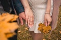 Wedding, autumn, hands with rings. A man and a woman get married, outside the door