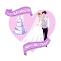 Wedding background with bride and bridegroom, cake, banner and pink heart cartoon vector illustration. Beautiful bride
