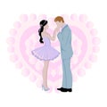 Wedding background with bride and bridegroom and pink heart cartoon background vector illustration. Beautiful bride and