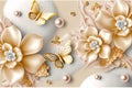 Wedding background with flowers, pearls and butterflies. Luxury wall art with golden decorative elements, ornate mural Royalty Free Stock Photo