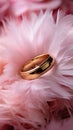 Wedding Background with gold Rings, Eustoma rose flower and light pink feather Royalty Free Stock Photo