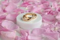 wedding background. gold wedding rings and pink rose petals on white satin fabric. marriage concept. Royalty Free Stock Photo