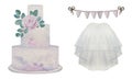 Set of watercolor wedding bride and groom accessories: veil, ring in the box, cake, boutonniere, flower composition Royalty Free Stock Photo