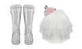 Set of watercolor wedding bride and groom accessories: wellies boots, veil with boutonniere flower composition Royalty Free Stock Photo