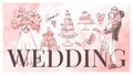 Wedding banner, bride and groom in love kiss, multi-tiered cake, gifts, accessories, love card. Modern sketch graphic Royalty Free Stock Photo