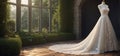 Wedding banner featuring a stunning wedding dress displayed on a mannequin in a beautiful room with many windows.