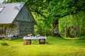 Wedding banquet buffet table and decorations in rustic style in the country garden Royalty Free Stock Photo