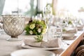 Wedding Banquet or gala dinner. The chairs and table for guests, served with cutlery and crockery. Covered with a linen Royalty Free Stock Photo