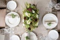 Wedding Banquet or gala dinner. The chairs and table for guests, served with cutlery and crockery. Covered with a linen Royalty Free Stock Photo