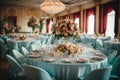 Wedding Banquet Table Decorated with Flowers and Tablecloth.