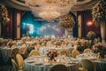 Wedding Banquet Table Decorated with Flowers and Tablecloth.