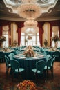 Wedding Banquet Table Decorated with Flowers and Tablecloth.