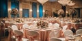 Wedding Banquet Table Decorated with Flowers and Tablecloth.