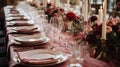 Wedding banquet. Table setting at a luxury wedding and Beautiful flowers and candles on the table. Royalty Free Stock Photo