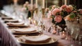 Wedding banquet. Table setting at a luxury wedding and Beautiful flowers and candles on the table. Royalty Free Stock Photo