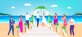 Wedding beach ceremony vector illustration, cartoon happy man woman couple characters getting married on tropical Royalty Free Stock Photo