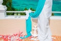 Wedding on the beach . Glasses of champagne. Wedding arch in blu