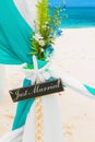 Wedding on the beach . Just married. Wedding arch decorated with