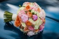 Wedding beautiful bridal bouquet of natural flowers, closeup with blurred background Royalty Free Stock Photo