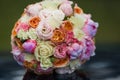 Wedding beautiful bridal bouquet of natural flowers, closeup with blurred background Royalty Free Stock Photo