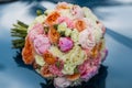 Wedding beautiful bridal bouquet of natural flowers, closeup with blurred background Royalty Free Stock Photo