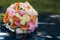 Wedding beautiful bridal bouquet of natural flowers, closeup with blurred background Royalty Free Stock Photo