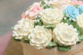 Wedding or birthday cake decorated with flowers made from cream. Royalty Free Stock Photo